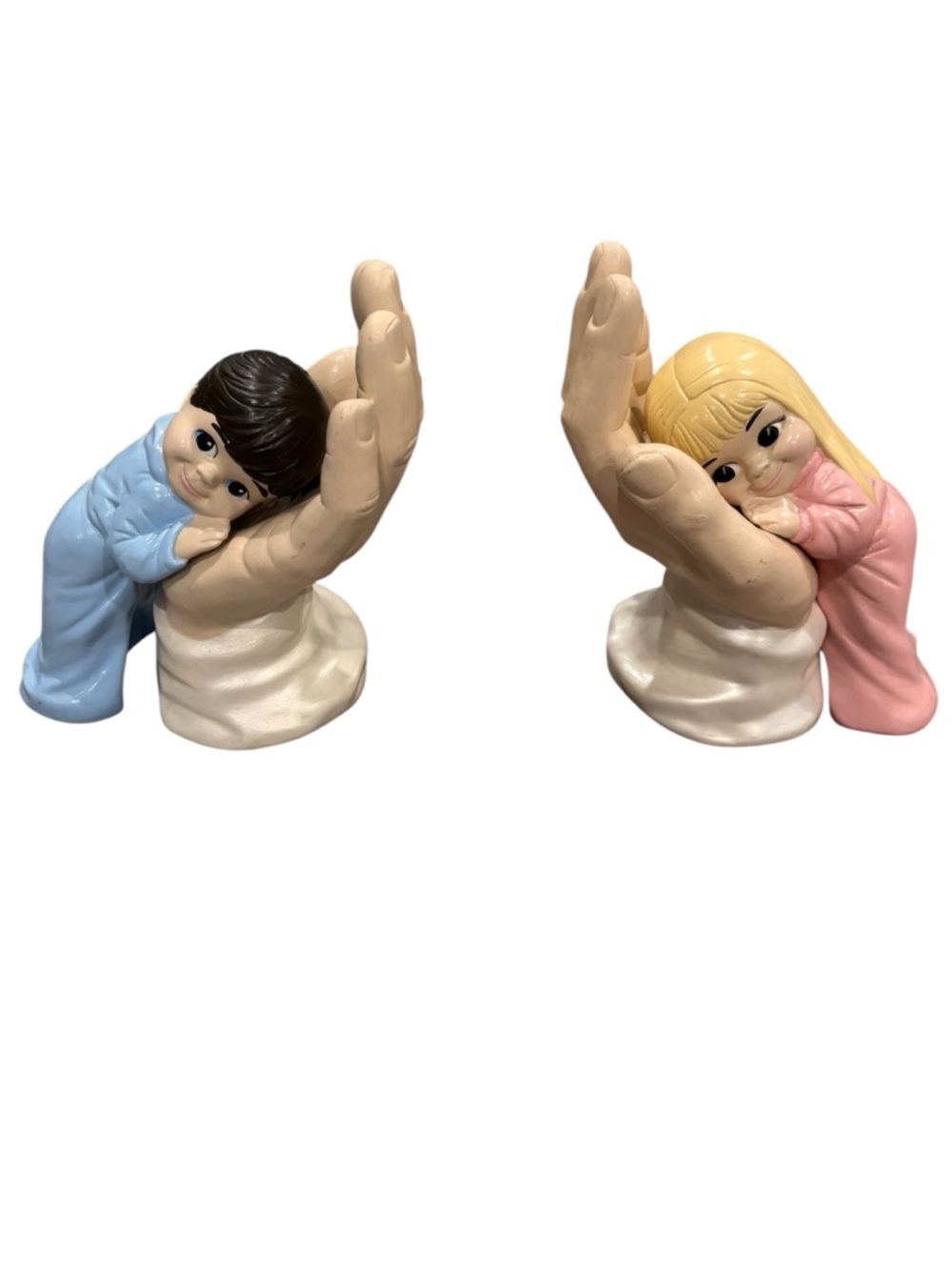 Vintage Set Boy And Girl Resting in Hand Large Ceramic Large Figurine 1977
